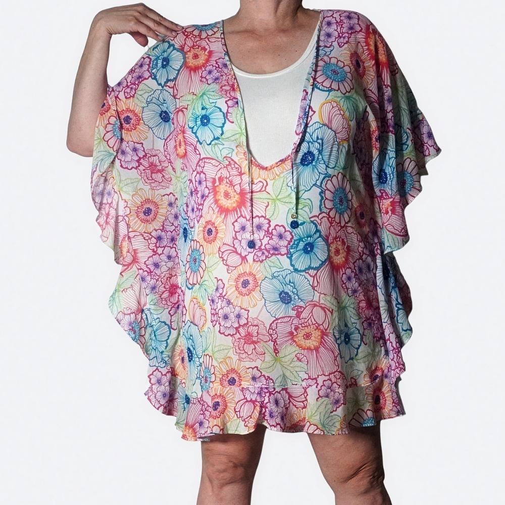 Bleu Rod Beattie Floral Ruffle Sleeve L XL 1X 12 14 Multicolor Kaftan Coverup